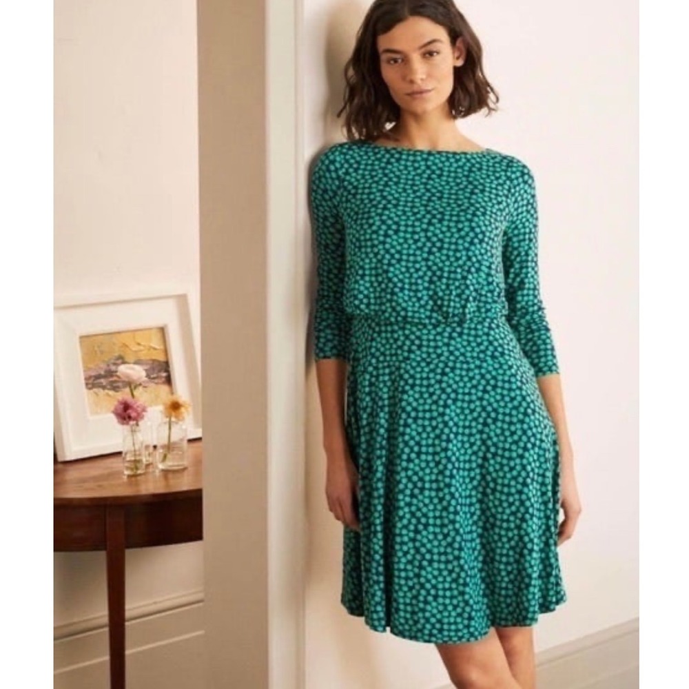 Women's Boden Nellie Polka Dot Green Blue Long Sleeve Jersey Dress Size 4